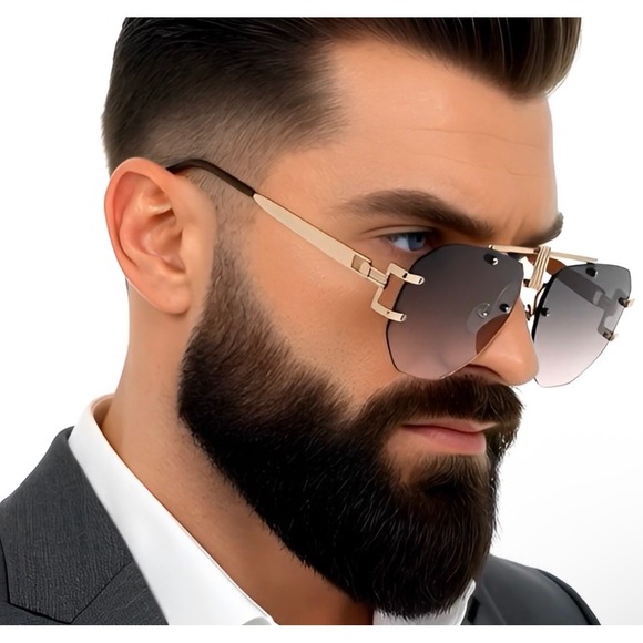 Men Designer Shades Gold Frame Rimless Sunglasses Fashion Trendy Aviator Pilot - Picture 6 of 10